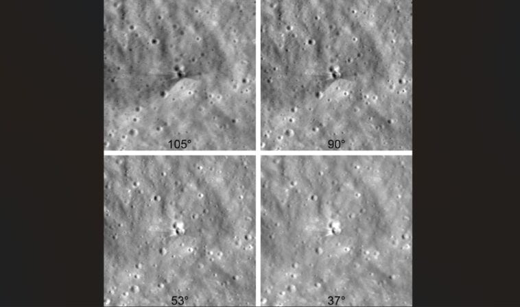 Four views show the SpaceX Falcon 9 impact crater under varying lighting angles, revealing dark, weathered surface material and brighter, deeper ejecta | ©Image Credit: NASA Goddard/Intuitive Machines