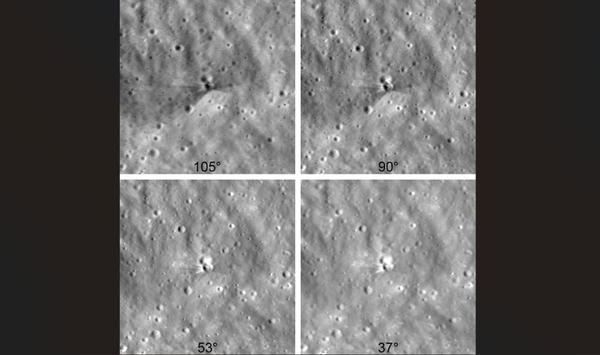 Four views show the SpaceX Falcon 9 impact crater under varying lighting angles, revealing dark, weathered surface material and brighter, deeper ejecta | ©Image Credit: NASA Goddard/Intuitive Machines