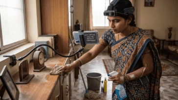 In India, workers are strapping smartphones to their heads to record daily routines, providing the training data future household robots need to learn how to fold laundry, clean, and manage home chores. ©Image Credit: Boston Dynamics. ©Image Credit: Gemini AI / GEEKSPIN