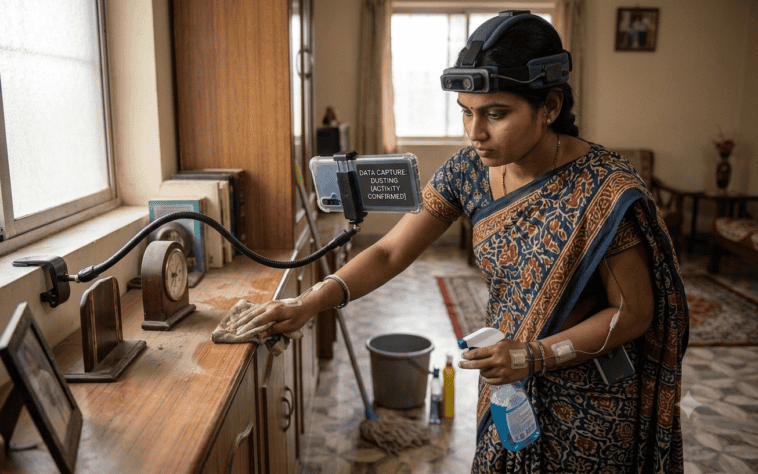 In India, workers are strapping smartphones to their heads to record daily routines, providing the training data future household robots need to learn how to fold laundry, clean, and manage home chores. ©Image Credit: Boston Dynamics. ©Image Credit: Gemini AI / GEEKSPIN