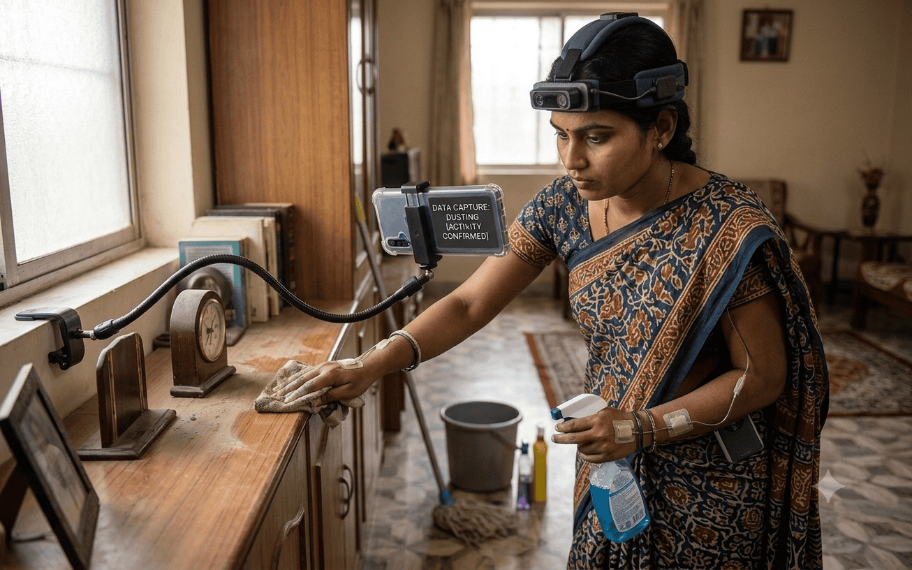In India, workers are strapping smartphones to their heads to record daily routines, providing the training data future household robots need to learn how to fold laundry, clean, and manage home chores. ©Image Credit: Boston Dynamics. ©Image Credit: Gemini AI / GEEKSPIN