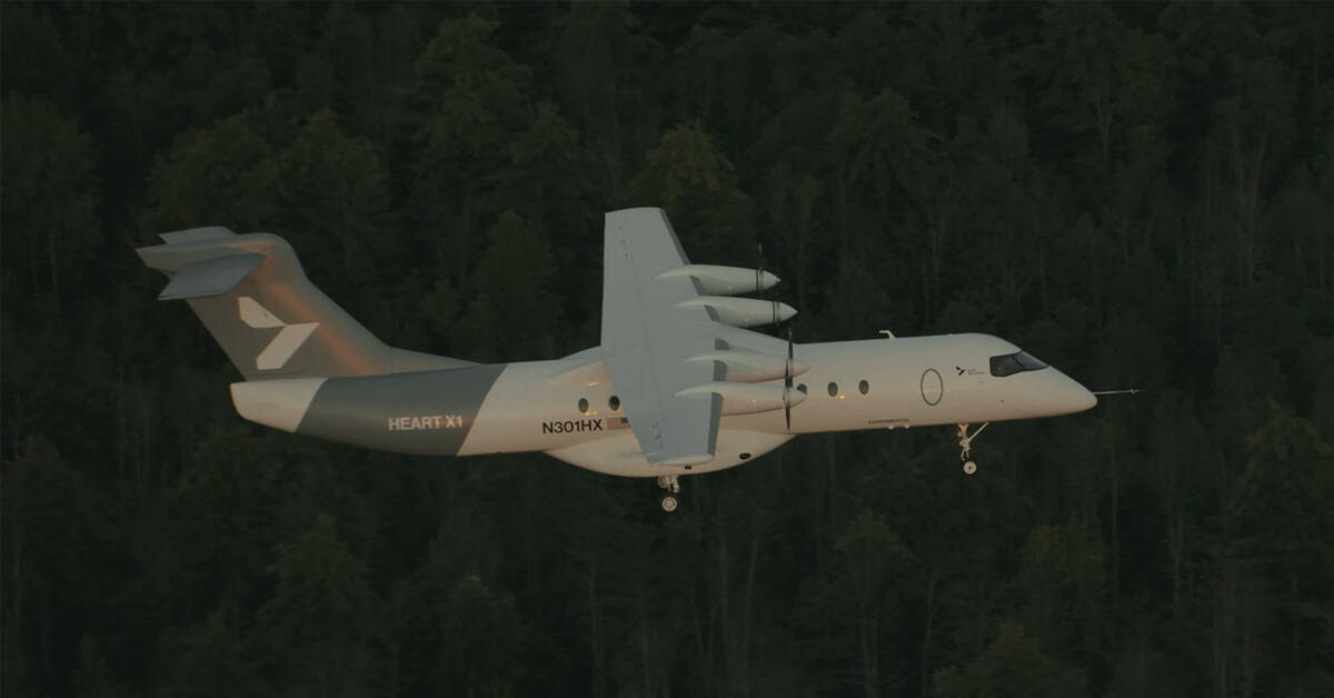 Heart Aerospace’s X1 takes flight during a landmark test, becoming the world’s largest fully battery-powered aircraft to fly without jet fuel. | ©Image Credit: Heart Aerospace