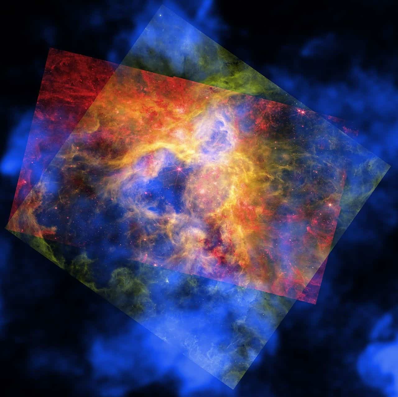 Where all three telescope images overlap in the middle, they create a breathtaking spectrum of red, orange, yellow, green, and blue. ©Image Credit: NASA