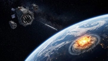 AI depiction of orbital kinetic-strike satellites targeting locations on Earth, illustrating space-to-ground warfare. | ©Image Credit: Gemini AI / GEEKSPIN