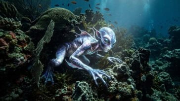 An AI-generated depiction of a mysterious alien entity hiding in the depths of Earth’s uncharted ocean floor. | ©Image Credit: Gemini AI / GEEKSPIN