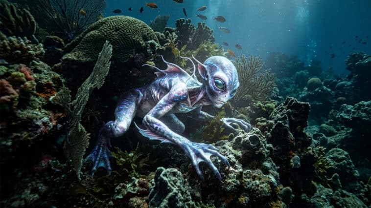 Trump allegedly told a friend aliens reside in the ocean 1 An AI-generated depiction of a mysterious alien entity hiding in the depths of Earth’s uncharted ocean floor. | ©Image Credit: Gemini AI / GEEKSPIN