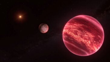 Artist’s impression of the CD-35 2722 system, with the newly discovered exosatellite (left) orbiting a brown dwarf that itself circles the red-dwarf primary star (right) | ©Image Credit: ESO/M. Kornmesser