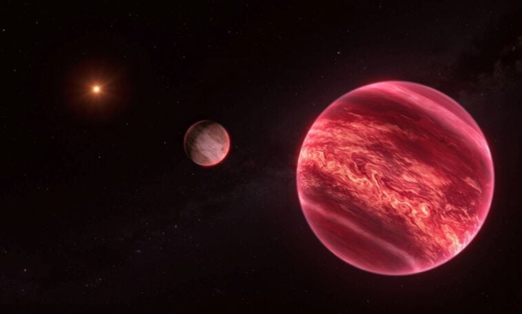 Artist’s impression of the CD-35 2722 system, with the newly discovered exosatellite (left) orbiting a brown dwarf that itself circles the red-dwarf primary star (right) | ©Image Credit: ESO/M. Kornmesser