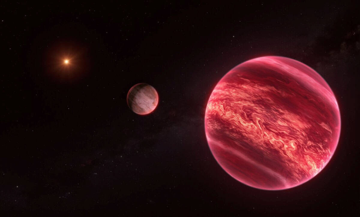 Artist’s impression of the CD-35 2722 system, with the newly discovered exosatellite (left) orbiting a brown dwarf that itself circles the red-dwarf primary star (right) | ©Image Credit: ESO/M. Kornmesser