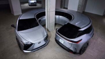 Circle Car: A fully electric Lexus RZ 450e bent nose-to-tail into an unbroken loop, frozen in an infinite donut.