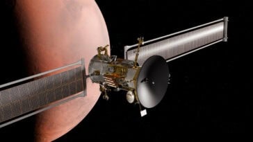 Digital rendering of Blue Origin’s Mars Telecommunications Network orbiter in orbit around the Red Planet. | ©Image Credit: Blue Origin