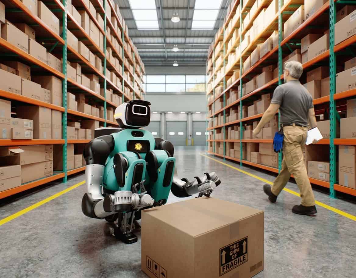 Featuring NVIDIA-powered AI guardrails and cage-free OSHA safety compliance, Digit 5 can work alongside real human workers with no risk of causing serious injuries to humans. ©Image Credit: Agility