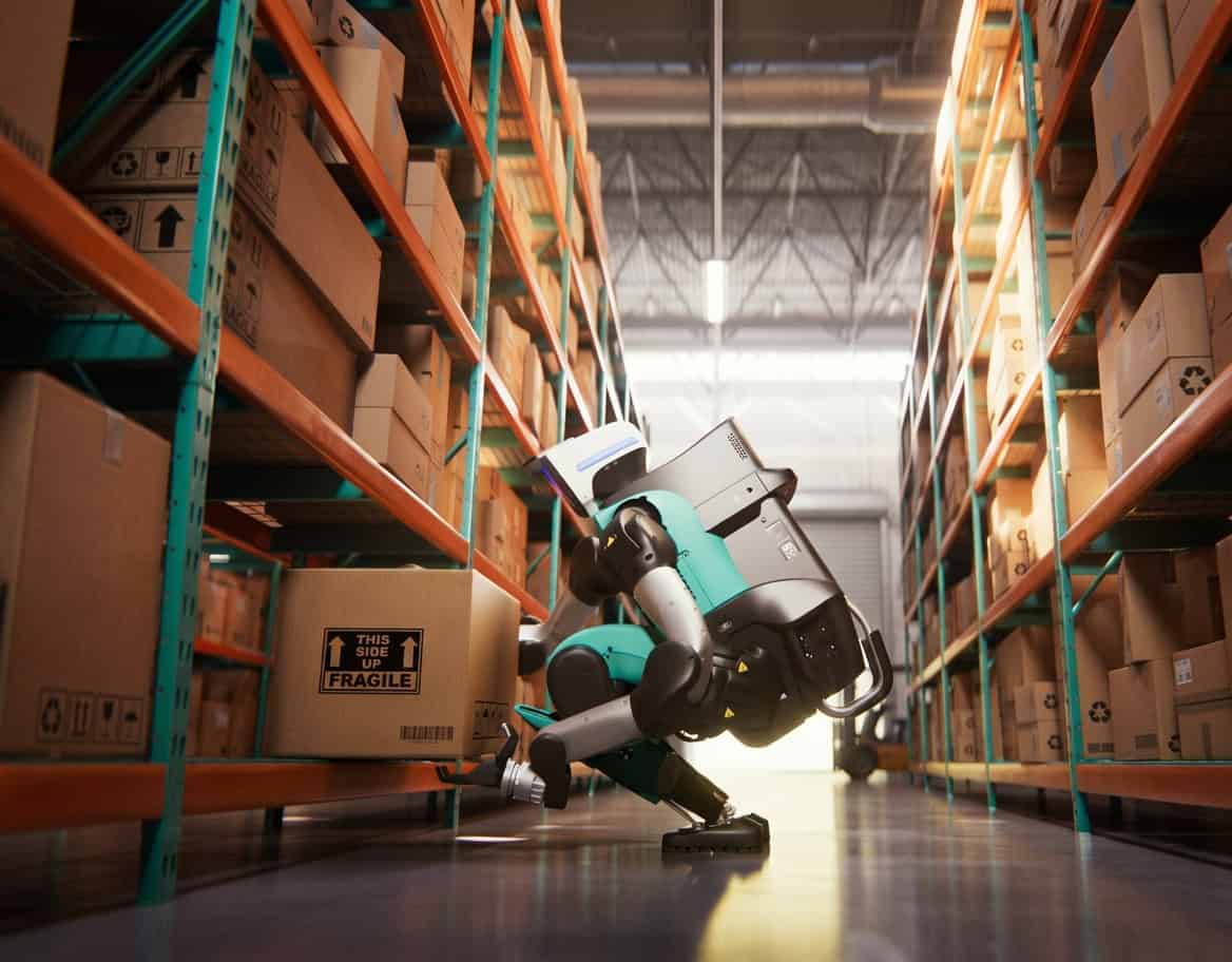 Digit 5 can unload goods, boxes or materials from a loaded pallet and conduct quality inspections and hand off materials to existing Autonomous Mobile Robots (AMRs) or conveyor belts. ©Image Credit: Agility