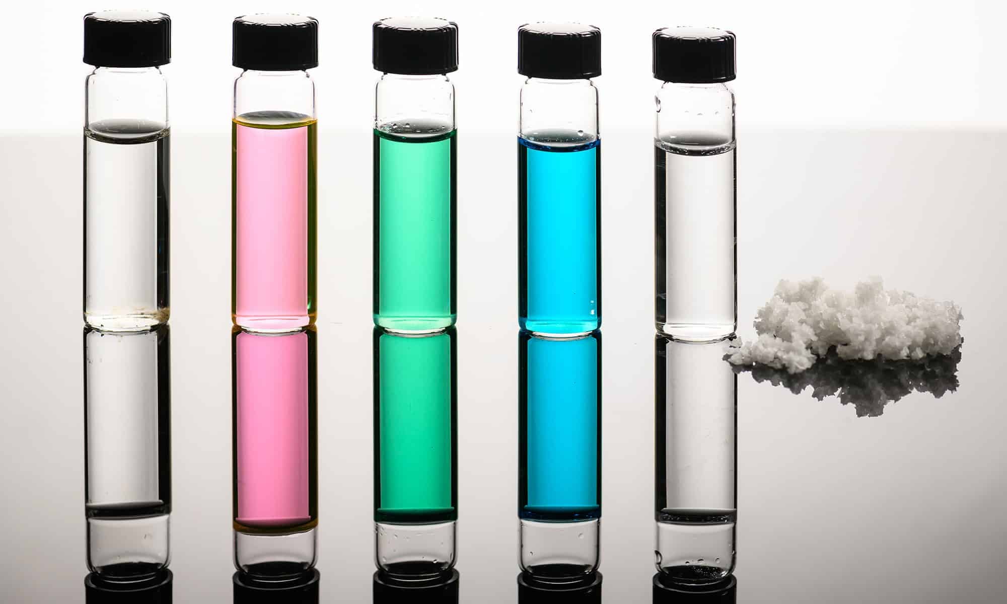 Vials of seawater, industrial wastewater, and desalinated water—along with extracted salts—demonstrate how a new University of Rochester process yields both fresh drinking water and reusable minerals. ©Image Credit: University of Rochester / J. Adam Fenster