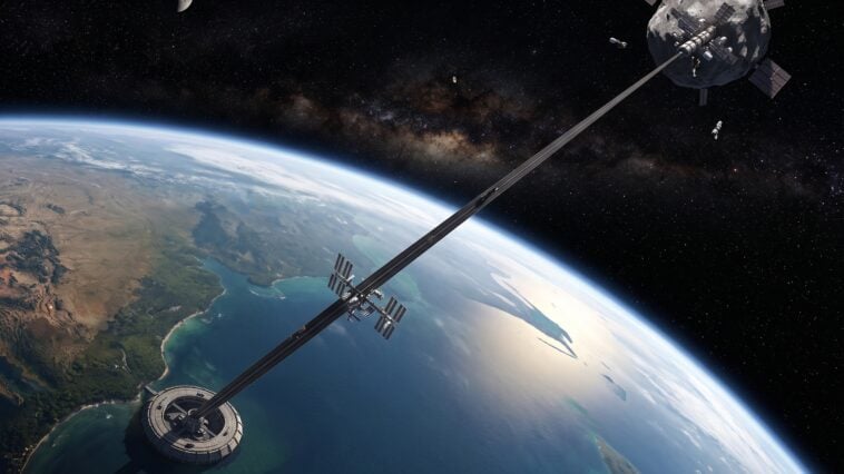 A proposed space elevator would use a cable stretching roughly 62,000 miles from Earth to beyond geostationary orbit | ©Image Credit: AI generated image / GEEKSPIN