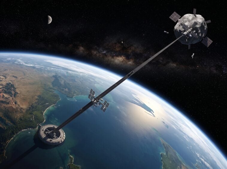 A proposed space elevator would use a cable stretching roughly 62,000 miles from Earth to beyond geostationary orbit | ©Image Credit: AI generated image / GEEKSPIN