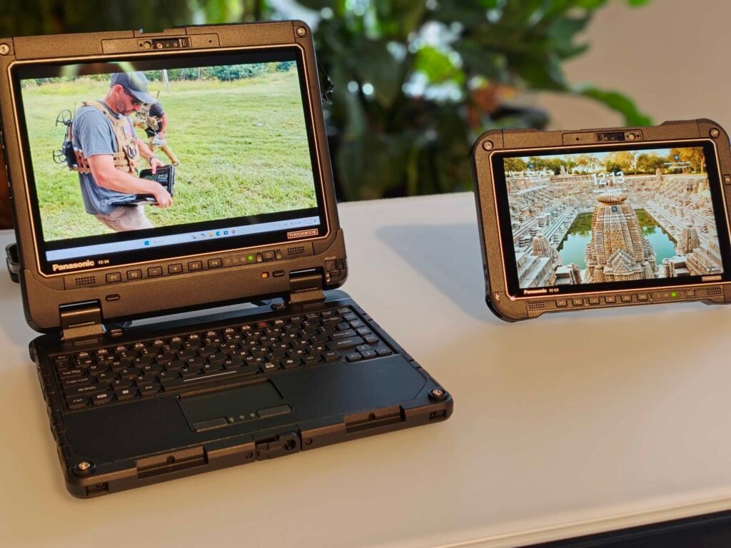 The fully rugged Panasonic TOUGHBOOK in 2-in-1 laptop mode, featuring a reinforced detachable keyboard built to withstand harsh field environments.