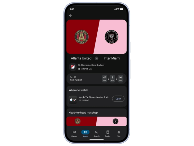 Use Sports Topic Pages for live score updates and quick links to streaming apps. Subscribe on Google Play to stream MLS on Apple TV.