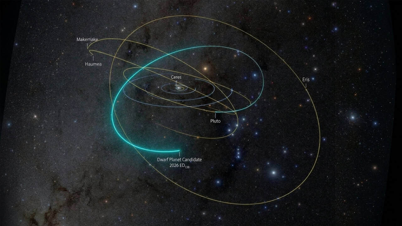 A computer-generated rendering shows the tilted orbital paths of recognized dwarf planets alongside newly discovered candidate ED138. | ©Image Credit: NSF–DOE Vera C. Rubin Observatory/NOIRLab/SLAC/AURA/R. Proctor