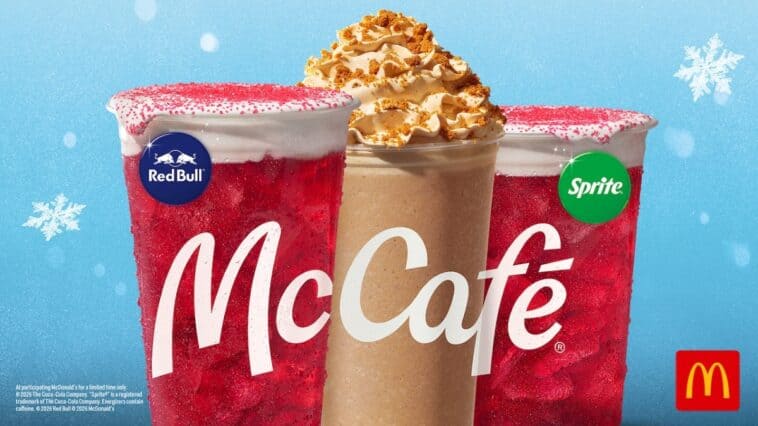 McDonald's holiday beverage lineup includes the Red Bull Frosted Cranberry Energizer, Cookie Butter Frappé, and Frosted Cranberry Splash with Sprite | ©Image Credit: McDonald's