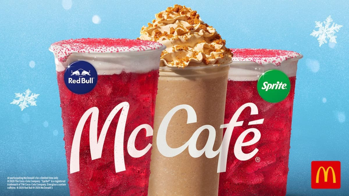 McDonald's holiday beverage lineup includes the Red Bull Frosted Cranberry Energizer, Cookie Butter Frappé, and Frosted Cranberry Splash with Sprite | ©Image Credit: McDonald's