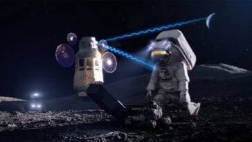 An artist’s depiction of an astronaut and a device operating on the Moon with high-speed 5G wireless connectivity. | ©Image Credit: NASA