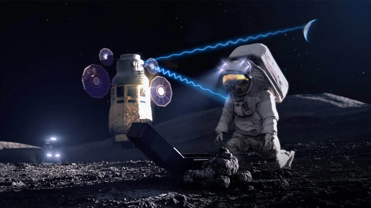 An artist’s depiction of an astronaut and a device operating on the Moon with high-speed 5G wireless connectivity. | ©Image Credit: NASA
