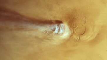 Scientists discover a rare atmospheric phenomenon behind Mars' most striking cloud. ©Image Credit: ESA