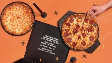 Halloween pizza experiment: Tombstone’s limited-edition kit lets you top pepperoni or five-cheese pizza with as much candy corn as you dare. | ©Image Credit: Tombstone