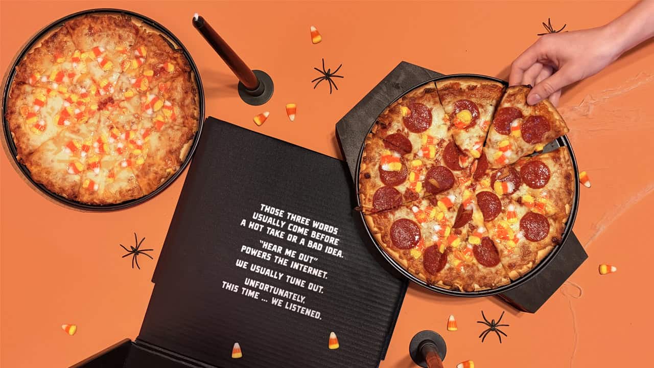 Halloween pizza experiment: Tombstone’s limited-edition kit lets you top pepperoni or five-cheese pizza with as much candy corn as you dare. | ©Image Credit: Tombstone