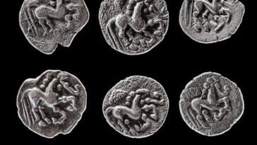 Six of the 11 Celtic silver coins (Prague-type quinarii) dating to the first century B.C., unearthed in Singen, Germany | ©Image Credit: TLDA (Thüringisches Landesamt für Denkmalpflege und Archäologie) / CC BY-NC-ND 4.0