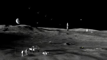 An artist’s concept of a future lunar base, featuring pressurized rovers and habitat modules near the Moon's South Pole | ©Image Credit: NASA