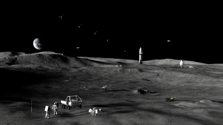 NASA hunts for hidden caves to build its first moon base 1 An artist’s concept of a future lunar base, featuring pressurized rovers and habitat modules near the Moon's South Pole | ©Image Credit: NASA