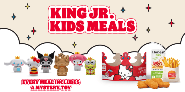 Burger King's Hello Kitty and Friends King Jr. Meal lineup, featuring collectible figures, themed packaging, and the rare golden toy | ©Image Credit: Burger King